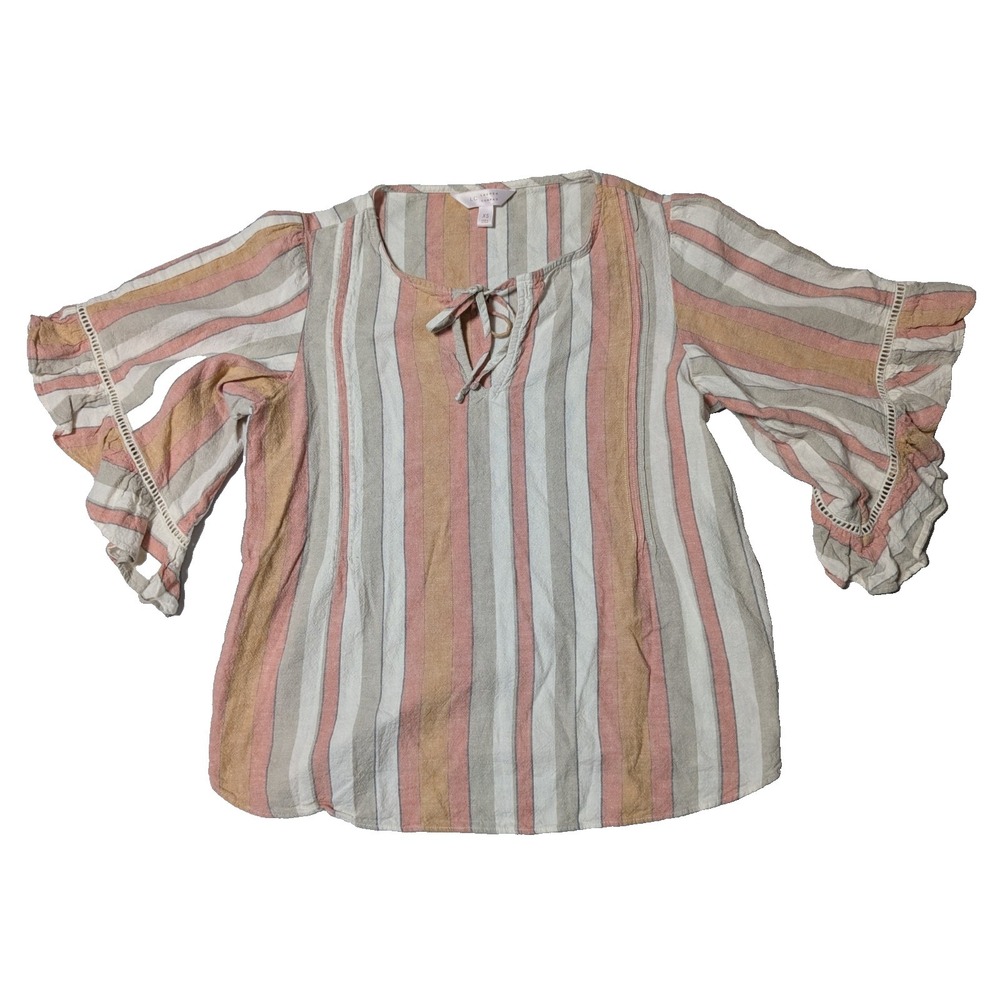 LC LAUREN CONRAD Women XS Orange Multi Striped Linen Blend Ruffle Sleeve Blouse